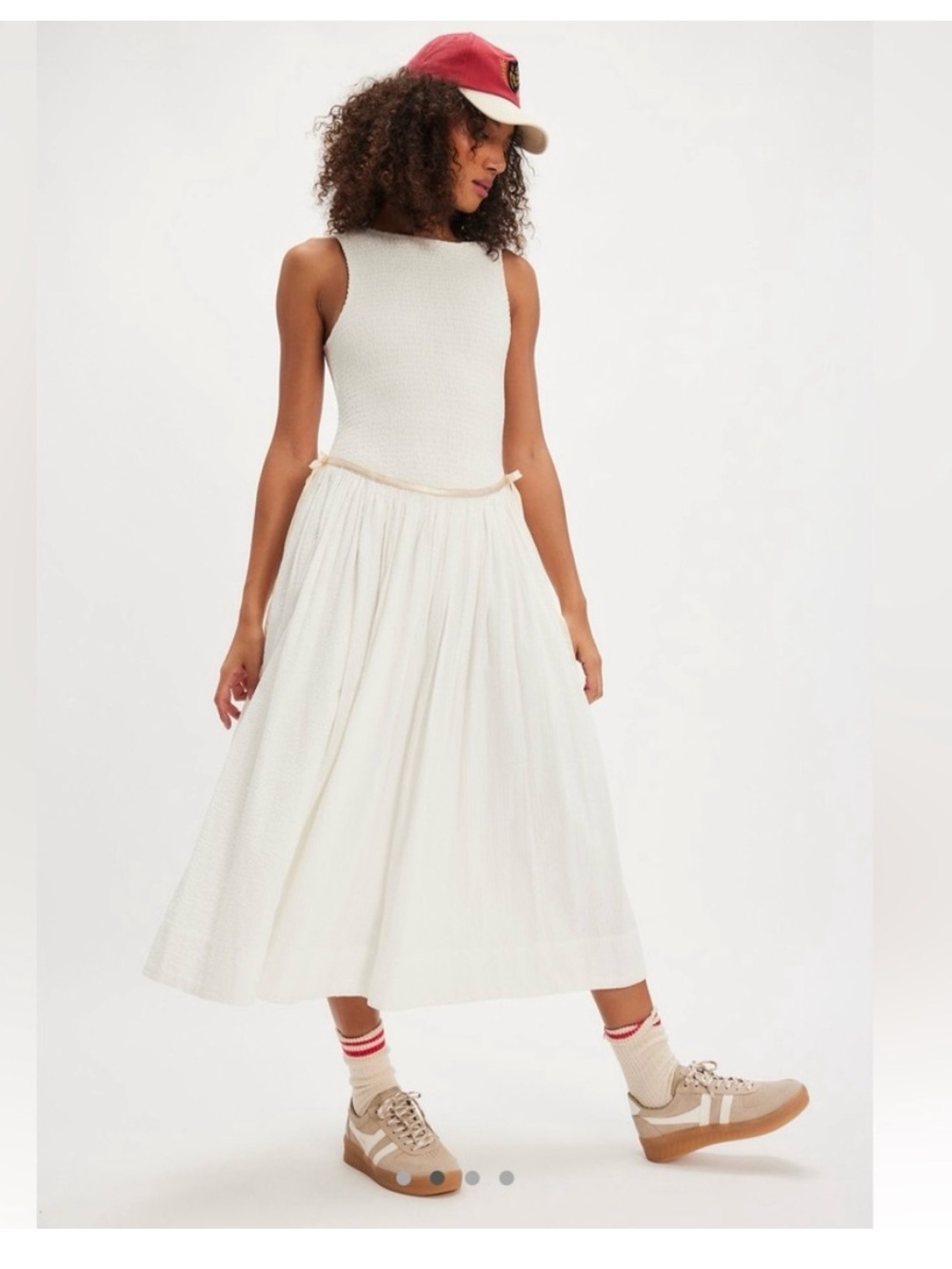 NWT FREE PEOPLE NIGHTINGALE MIDI SEERSUCKER DRESS IVORY COMBO SMALL SMOCKED